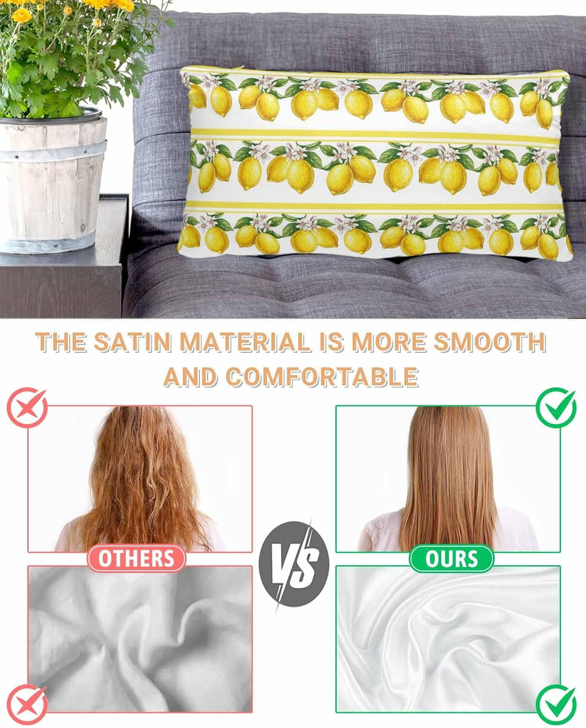 Summer Lemons Satin Pillowcase for Hair and Skin, Yellow Fruit Leaf Striped White Background Silky Pillow Cases Standard Size with Zipper 1 Pack Soft Cooling Pillow Cover for Women Men, 20''x40''