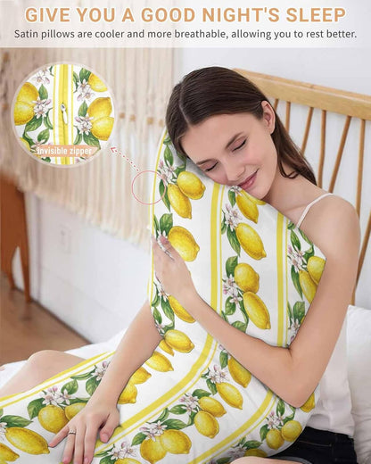 Summer Lemons Satin Pillowcase for Hair and Skin, Yellow Fruit Leaf Striped White Background Silky Pillow Cases Standard Size with Zipper 1 Pack Soft Cooling Pillow Cover for Women Men, 20''x40''