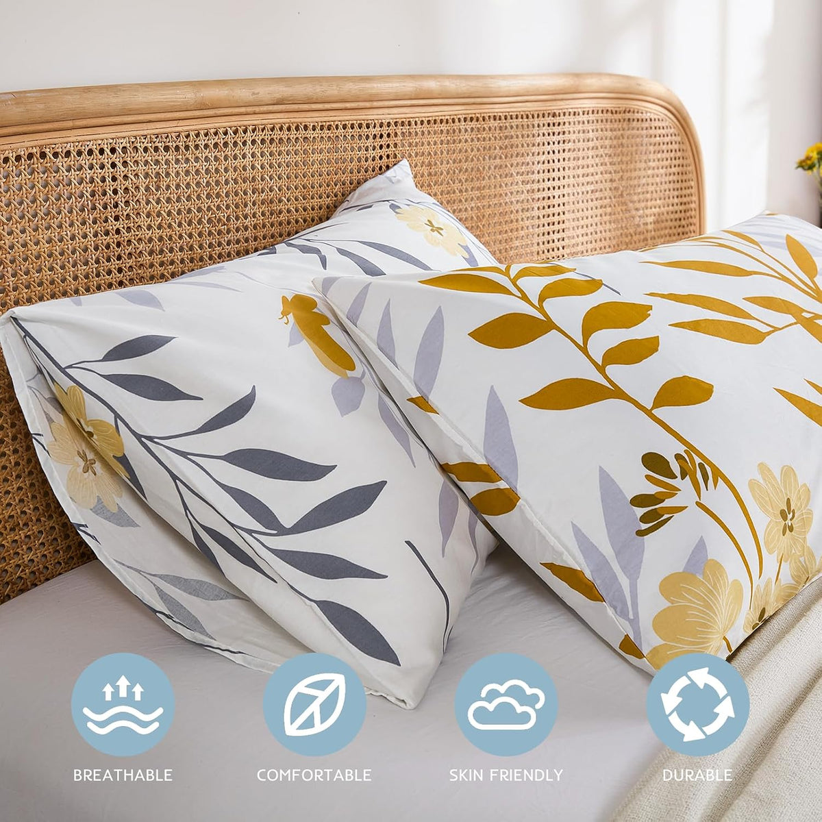 Standard Size Pillowcases Set of 2, 100% Cotton Pillow Cases, Yellow Floral Print, Soft Breathable Envelope Closure Pillow Covers(Standard, 20"x26")