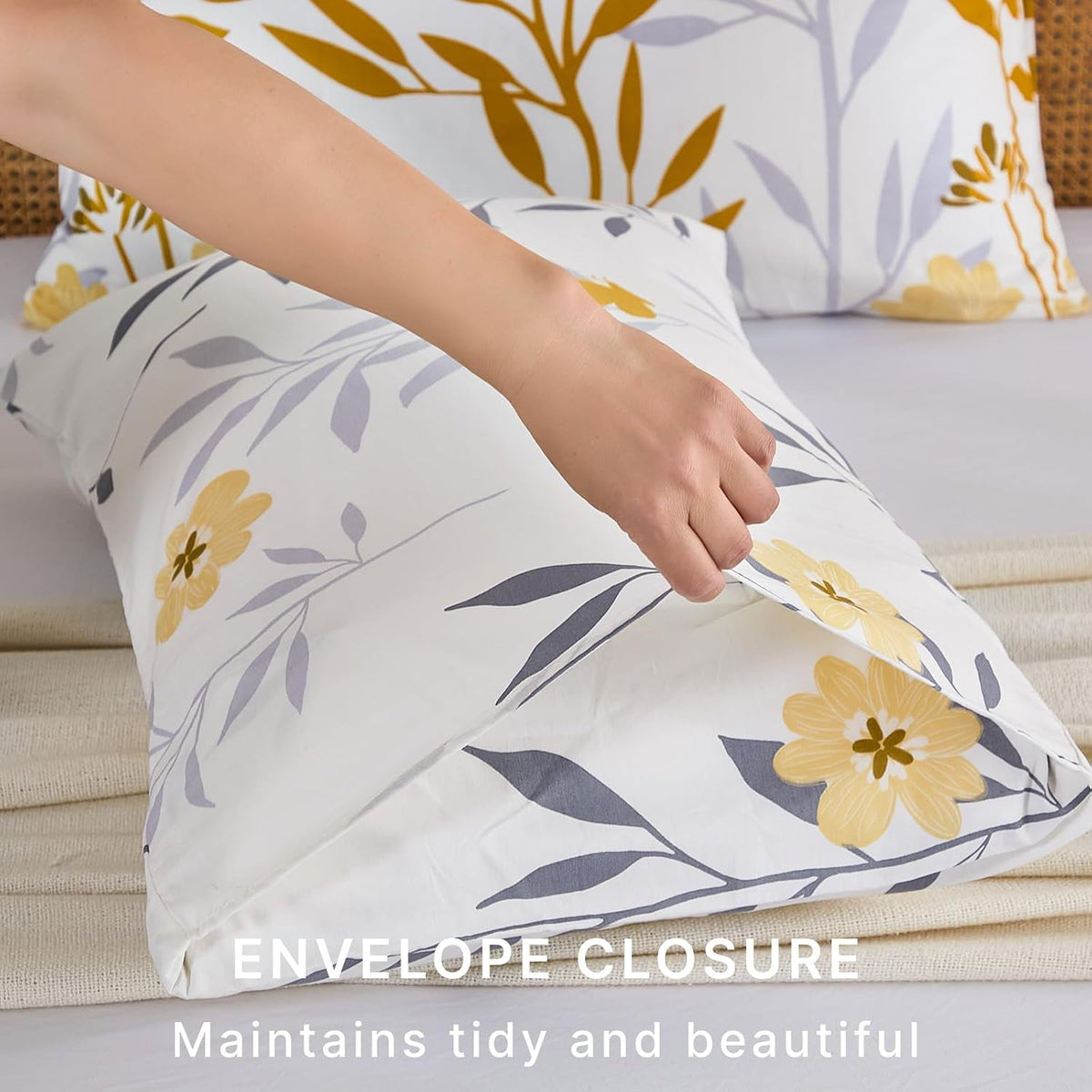 Standard Size Pillowcases Set of 2, 100% Cotton Pillow Cases, Yellow Floral Print, Soft Breathable Envelope Closure Pillow Covers(Standard, 20"x26")