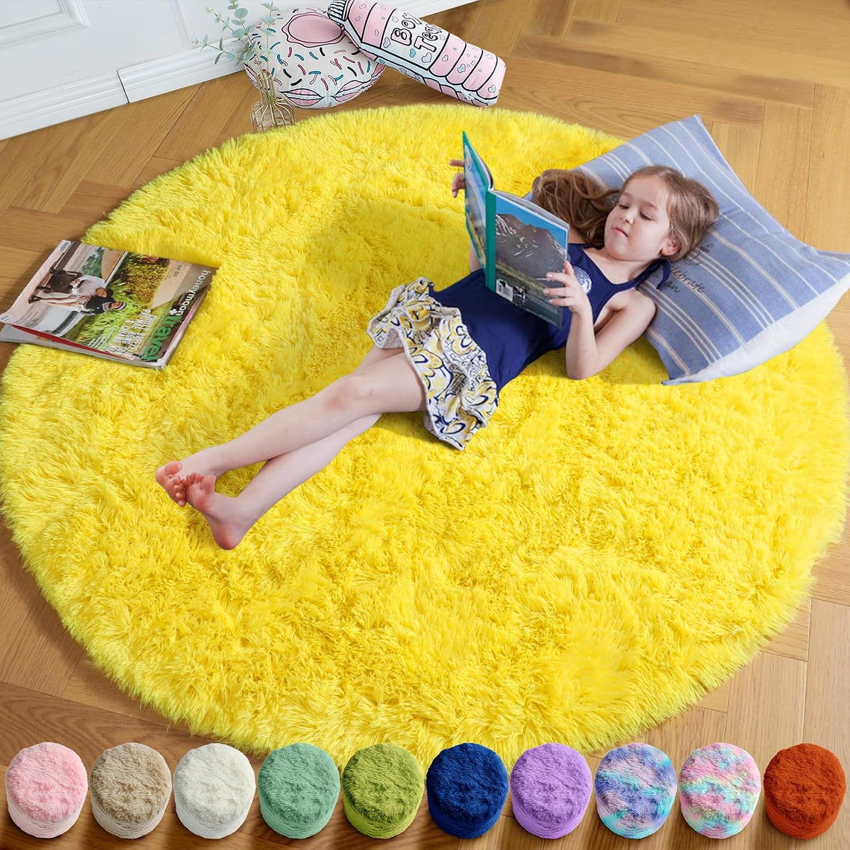 Yellow Round Plush Shag Area Rug 4Ft for Bedroom Kids Nursery Dorm