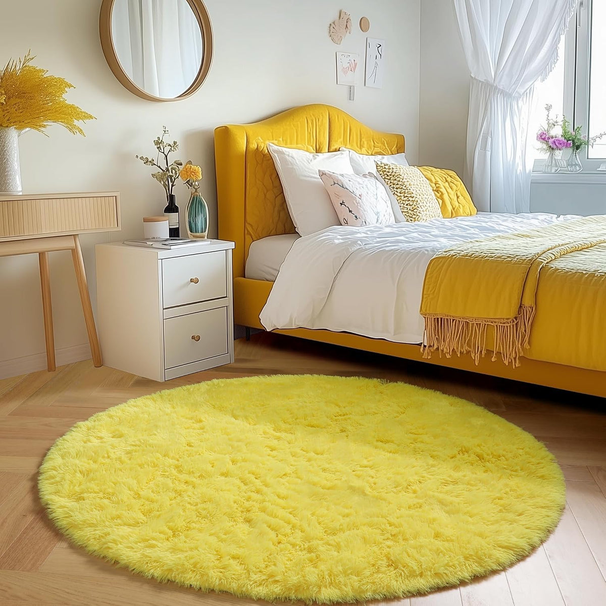 Yellow Round Plush Shag Area Rug 4Ft for Bedroom Kids Nursery Dorm