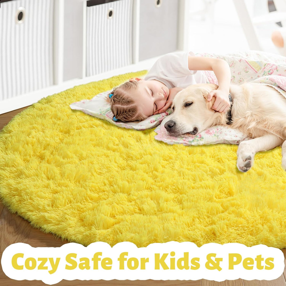 Yellow Round Plush Shag Area Rug 4Ft for Bedroom Kids Nursery Dorm