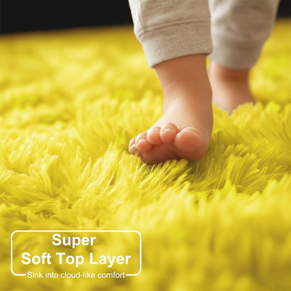 Yellow Round Plush Shag Area Rug 4Ft for Bedroom Kids Nursery Dorm