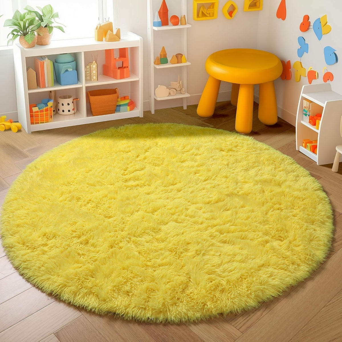 Yellow Round Plush Shag Area Rug 4Ft for Bedroom Kids Nursery Dorm