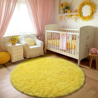 Yellow Round Plush Shag Area Rug 4Ft for Bedroom Kids Nursery Dorm