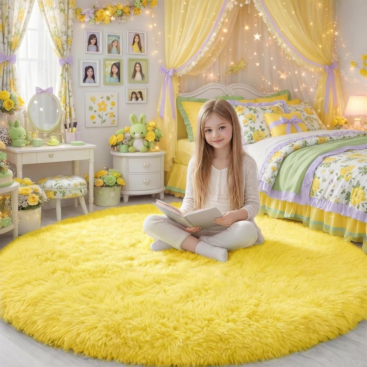 Yellow Round Plush Shag Area Rug 4Ft for Bedroom Kids Nursery Dorm