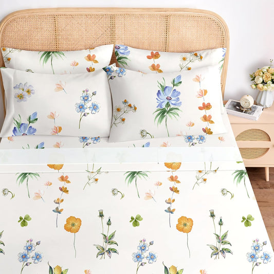Queen Sheet Set 6 Pieces (Yellow & Blue Watercolor Floral), Cottage Core Botanical Patterned Sheets, Victorian Flower Microfiber Bedding Decor