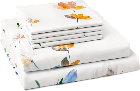 Queen Sheet Set 6 Pieces (Yellow & Blue Watercolor Floral), Cottage Core Botanical Patterned Sheets, Victorian Flower Microfiber Bedding Decor