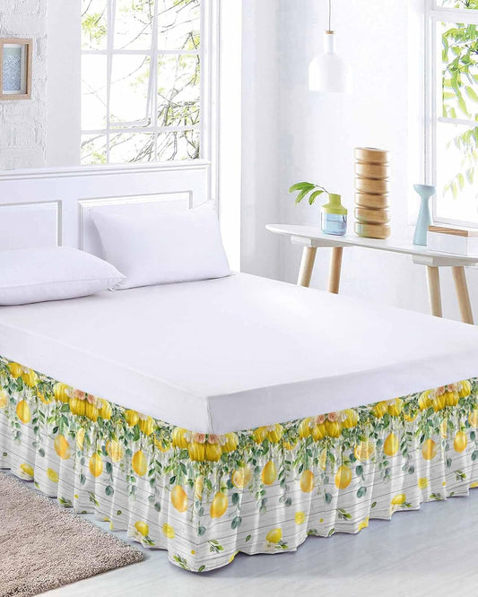 Yellow Lemon Bed Skirt Queen Size 16 Inch Drop, Adjustable Elastic Wrap Around Bed Skirts Easy Fitting Dust Ruffle Bedskirt Bed Frame Cover Green Eucalyptus Wood Grain Farmhouse