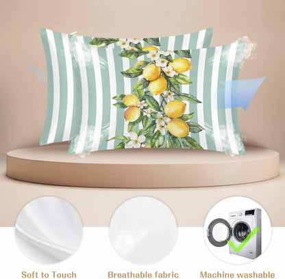 Yellow Lemon Floral Standard Pillowcase Set of 2, Sage Green Stripe Satin Pillow Case Cover with Smooth Hidden Zipper Closure, Soft Throw Pillow Covers Cases for Home Decoration 20 X 26 Inches