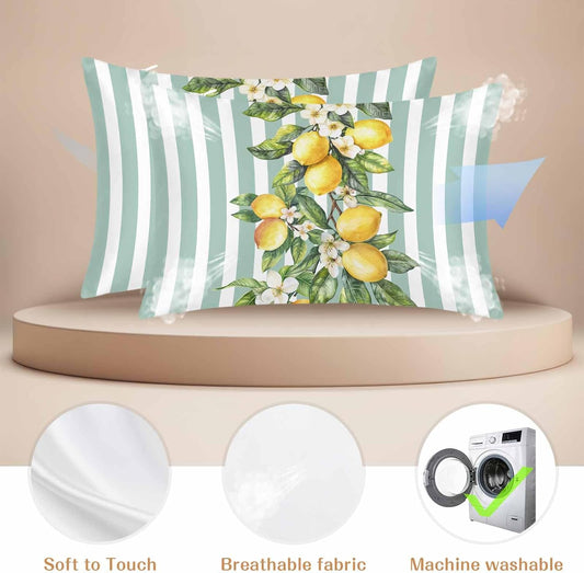 Yellow Lemon Floral Standard Pillowcase Set of 2, Sage Green Stripe Satin Pillow Case Cover with Smooth Hidden Zipper Closure, Soft Throw Pillow Covers Cases for Home Decoration 20 X 26 Inches