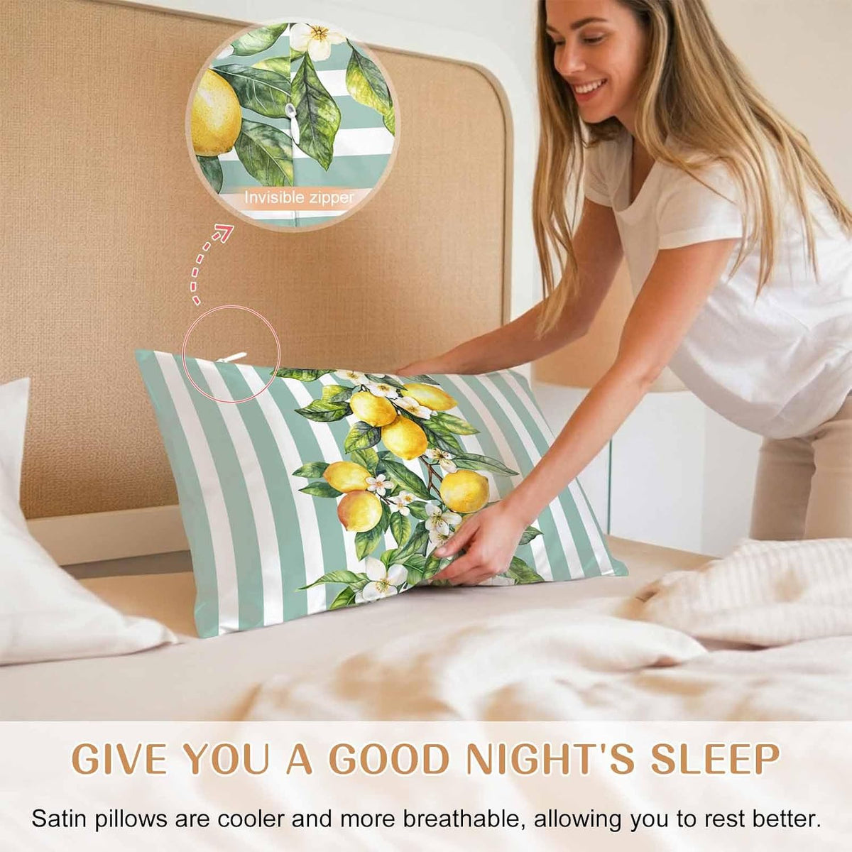 Yellow Lemon Floral Standard Pillowcase Set of 2, Sage Green Stripe Satin Pillow Case Cover with Smooth Hidden Zipper Closure, Soft Throw Pillow Covers Cases for Home Decoration 20 X 26 Inches