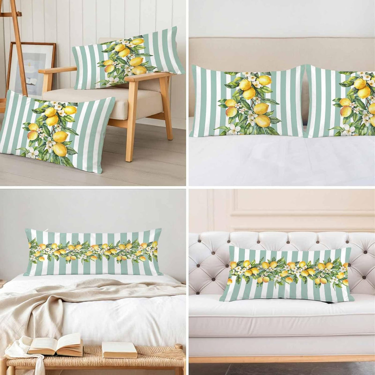 Yellow Lemon Floral Standard Pillowcase Set of 2, Sage Green Stripe Satin Pillow Case Cover with Smooth Hidden Zipper Closure, Soft Throw Pillow Covers Cases for Home Decoration 20 X 26 Inches