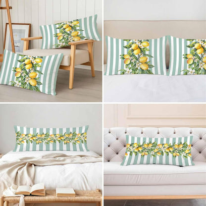 Yellow Lemon Floral Standard Pillowcase Set of 2, Sage Green Stripe Satin Pillow Case Cover with Smooth Hidden Zipper Closure, Soft Throw Pillow Covers Cases for Home Decoration 20 X 26 Inches