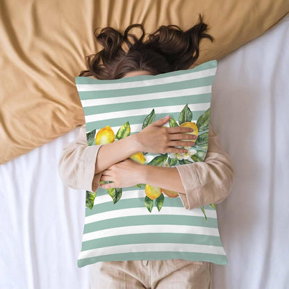 Yellow Lemon Floral Standard Pillowcase Set of 2, Sage Green Stripe Satin Pillow Case Cover with Smooth Hidden Zipper Closure, Soft Throw Pillow Covers Cases for Home Decoration 20 X 26 Inches