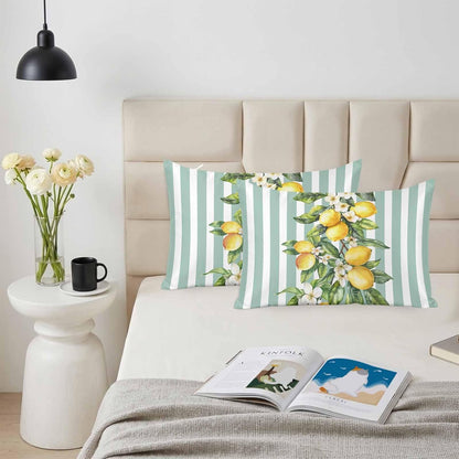 Yellow Lemon Floral Standard Pillowcase Set of 2, Sage Green Stripe Satin Pillow Case Cover with Smooth Hidden Zipper Closure, Soft Throw Pillow Covers Cases for Home Decoration 20 X 26 Inches