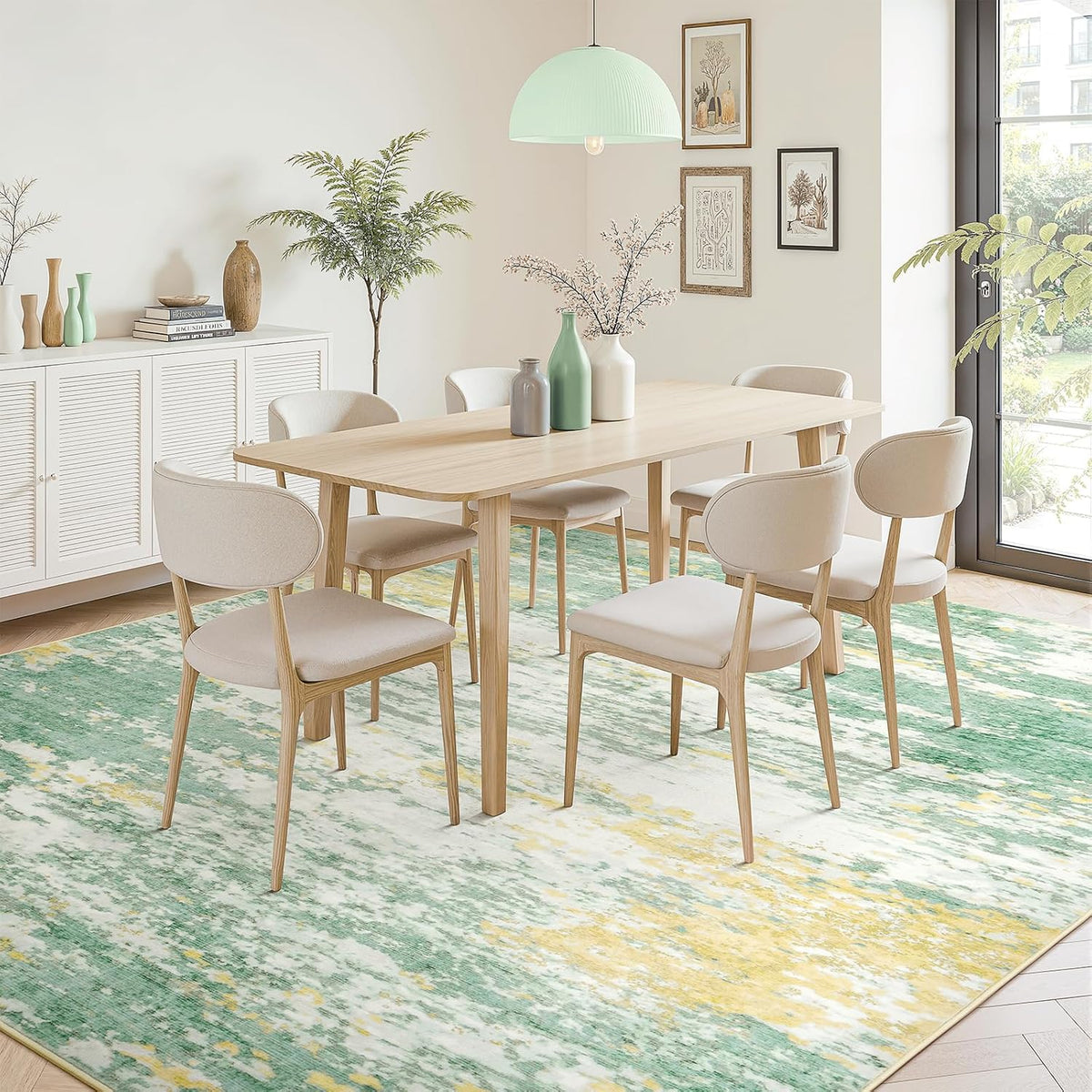 5x7 Area Rug for Living Room, Abstract Washable Non-Slip Rugs, Light Green