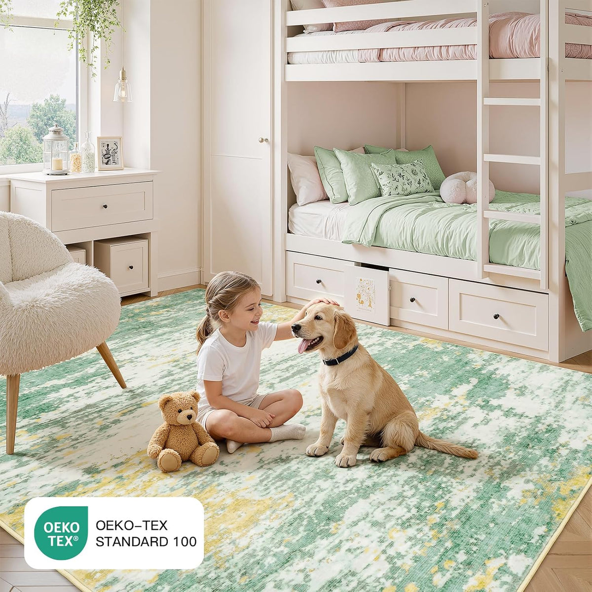 5x7 Area Rug for Living Room, Abstract Washable Non-Slip Rugs, Light Green