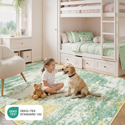 5x7 Area Rug for Living Room, Abstract Washable Non-Slip Rugs, Light Green