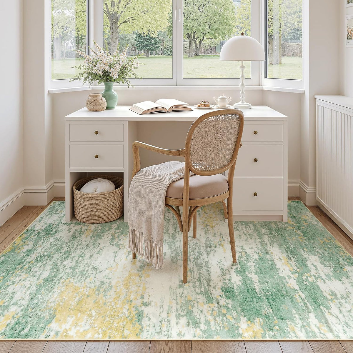 5x7 Area Rug for Living Room, Abstract Washable Non-Slip Rugs, Light Green