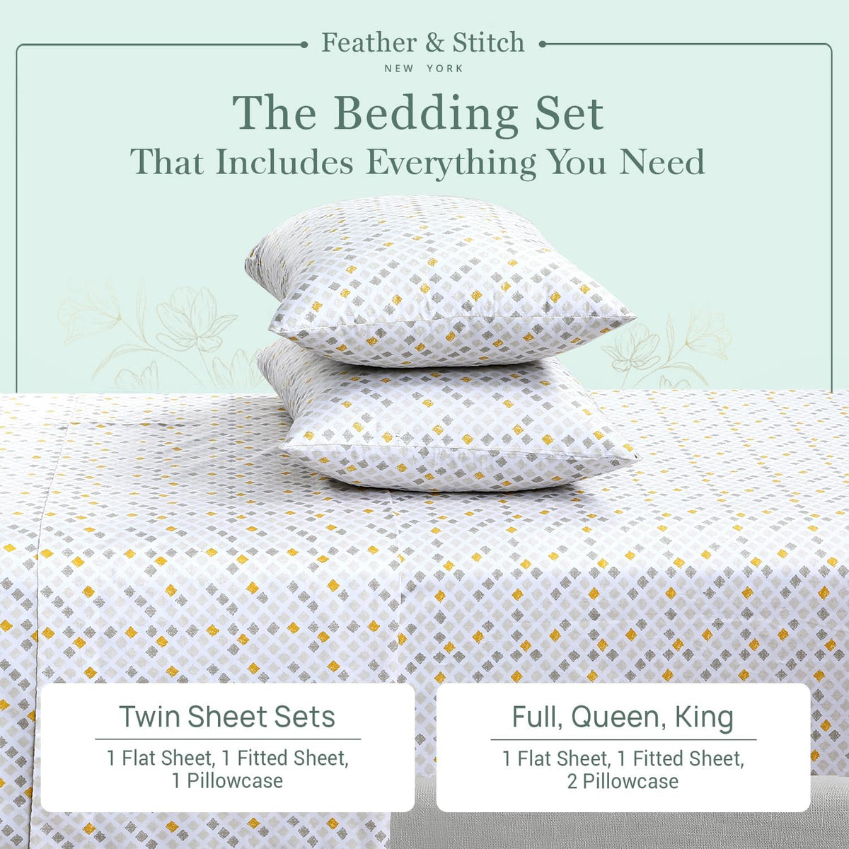 Feather & Stitch 100% Cotton Percale 300 Thread Count Full 4 Pc Sheet Set
