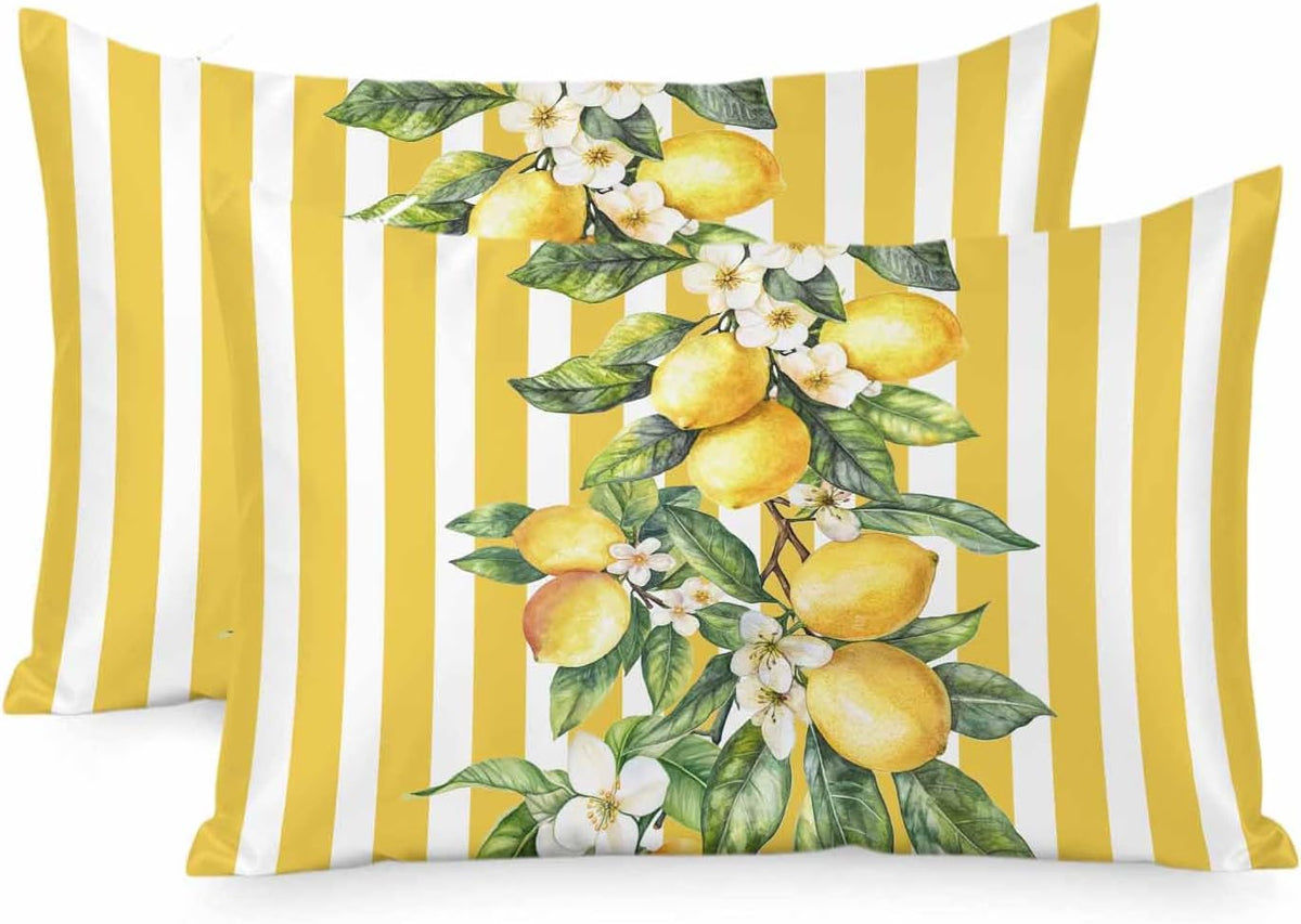 Yellow Lemon Stripes Pillow Cases Standard Size Set of 2, Summer Spring Fruit Flowers Leaves Satin Pillowcase with Zipper for Hair/Skin, Decorative Pillow Covers for Bed/Couch/Sofa, 20x26 Inches
