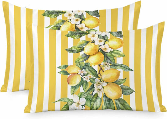 Yellow Lemon Stripes Pillow Cases Standard Size Set of 2, Summer Spring Fruit Flowers Leaves Satin Pillowcase with Zipper for Hair/Skin, Decorative Pillow Covers for Bed/Couch/Sofa, 20x26 Inches
