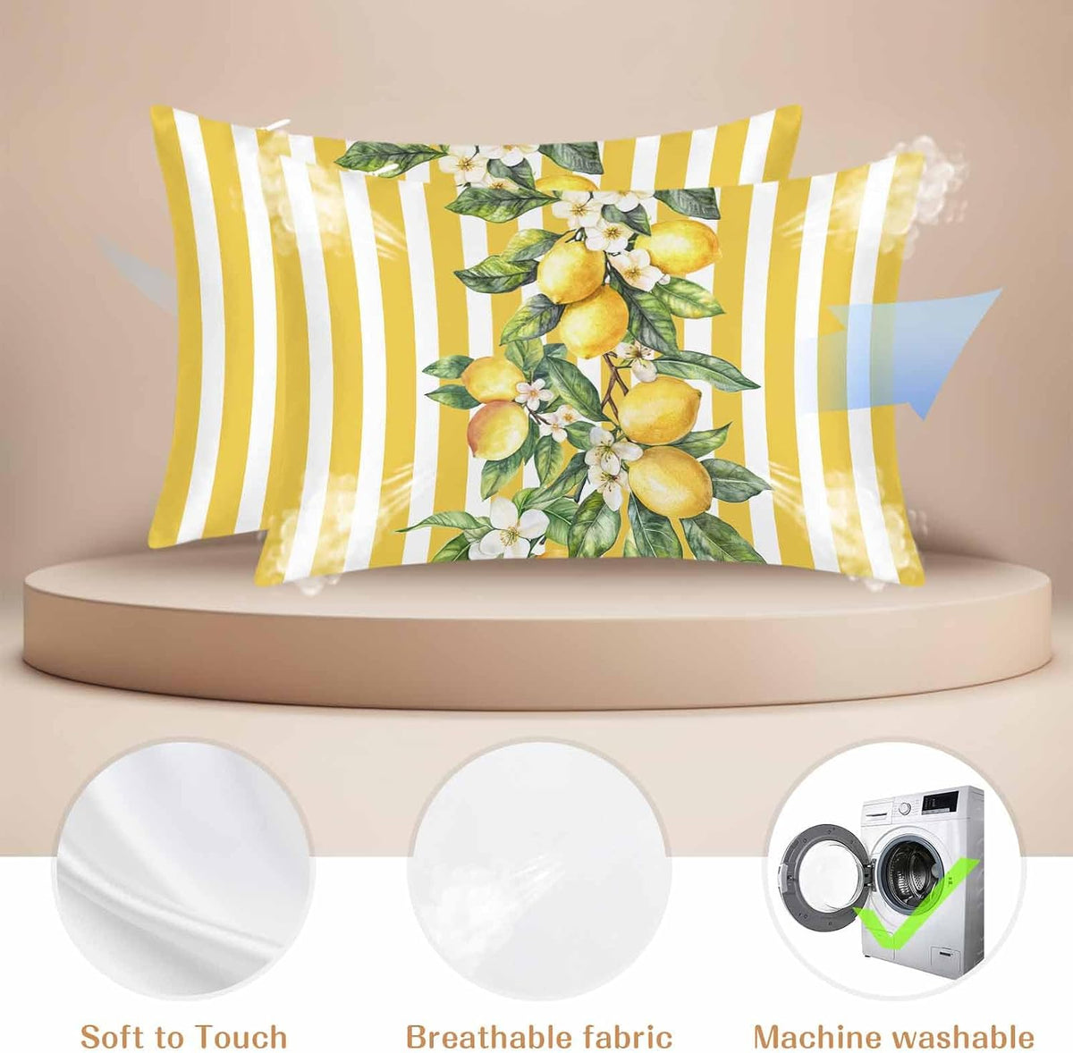 Yellow Lemon Stripes Pillow Cases Standard Size Set of 2, Summer Spring Fruit Flowers Leaves Satin Pillowcase with Zipper for Hair/Skin, Decorative Pillow Covers for Bed/Couch/Sofa, 20x26 Inches