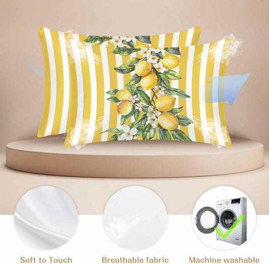 Yellow Lemon Stripes Pillow Cases Standard Size Set of 2, Summer Spring Fruit Flowers Leaves Satin Pillowcase with Zipper for Hair/Skin, Decorative Pillow Covers for Bed/Couch/Sofa, 20x26 Inches