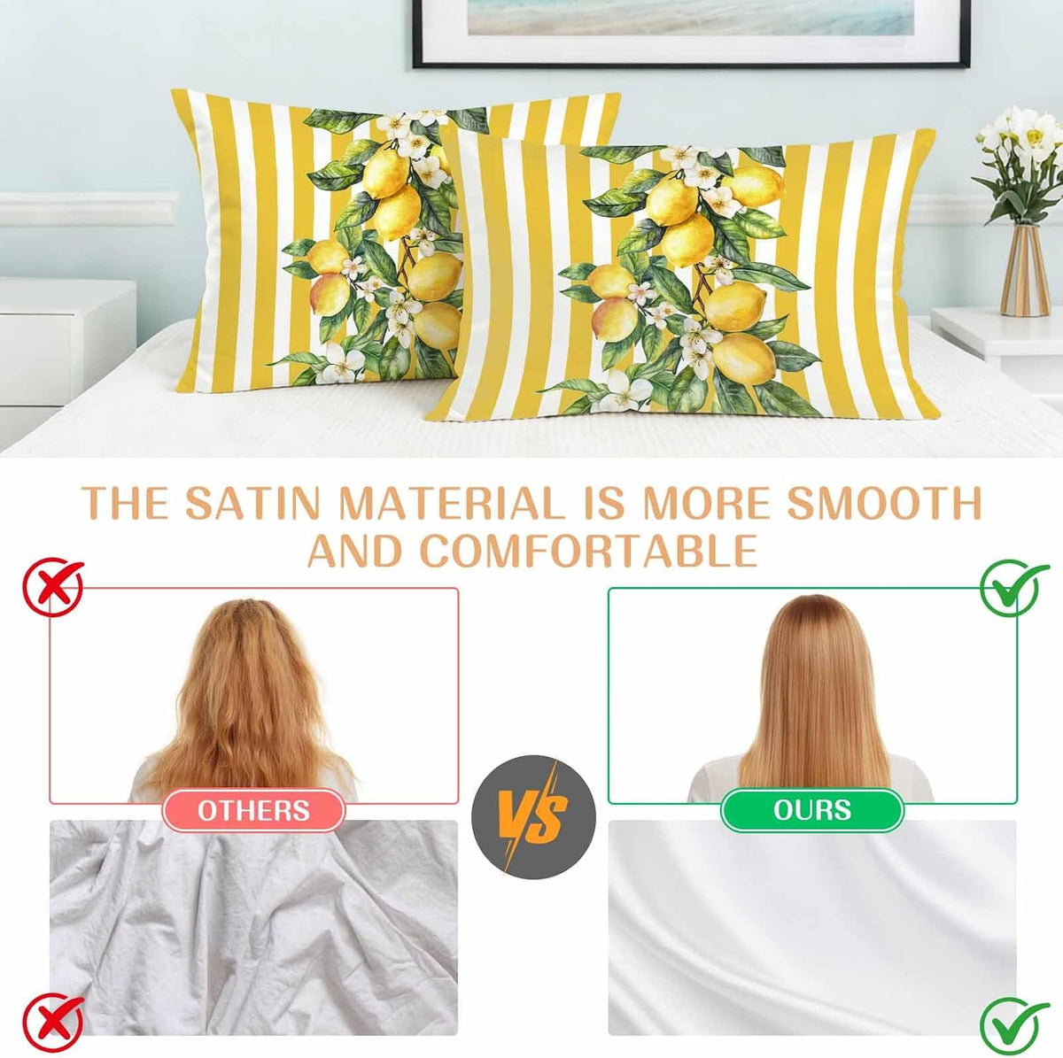 Yellow Lemon Stripes Pillow Cases Standard Size Set of 2, Summer Spring Fruit Flowers Leaves Satin Pillowcase with Zipper for Hair/Skin, Decorative Pillow Covers for Bed/Couch/Sofa, 20x26 Inches