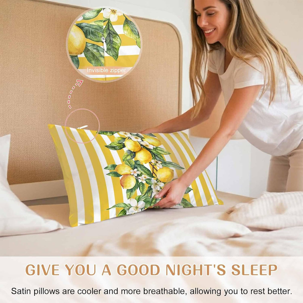 Yellow Lemon Stripes Pillow Cases Standard Size Set of 2, Summer Spring Fruit Flowers Leaves Satin Pillowcase with Zipper for Hair/Skin, Decorative Pillow Covers for Bed/Couch/Sofa, 20x26 Inches