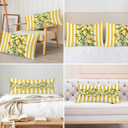 Yellow Lemon Stripes Pillow Cases Standard Size Set of 2, Summer Spring Fruit Flowers Leaves Satin Pillowcase with Zipper for Hair/Skin, Decorative Pillow Covers for Bed/Couch/Sofa, 20x26 Inches