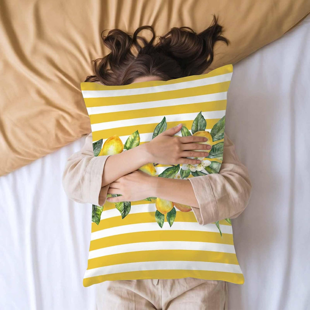 Yellow Lemon Stripes Pillow Cases Standard Size Set of 2, Summer Spring Fruit Flowers Leaves Satin Pillowcase with Zipper for Hair/Skin, Decorative Pillow Covers for Bed/Couch/Sofa, 20x26 Inches