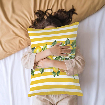 Yellow Lemon Stripes Pillow Cases Standard Size Set of 2, Summer Spring Fruit Flowers Leaves Satin Pillowcase with Zipper for Hair/Skin, Decorative Pillow Covers for Bed/Couch/Sofa, 20x26 Inches