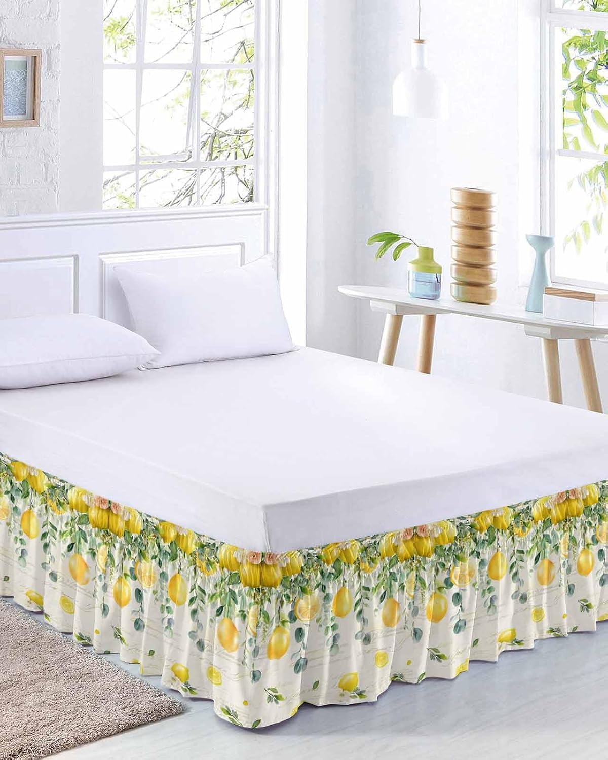 Watercolor Lemon Bed Skirt Queen Size 16 Inch Drop, Adjustable Elastic Wrap Around Bed Skirts Easy Fitting Dust Ruffle Bedskirt Bed Frame Cover Eucalyptus Leaf Fruit Yellow Flower
