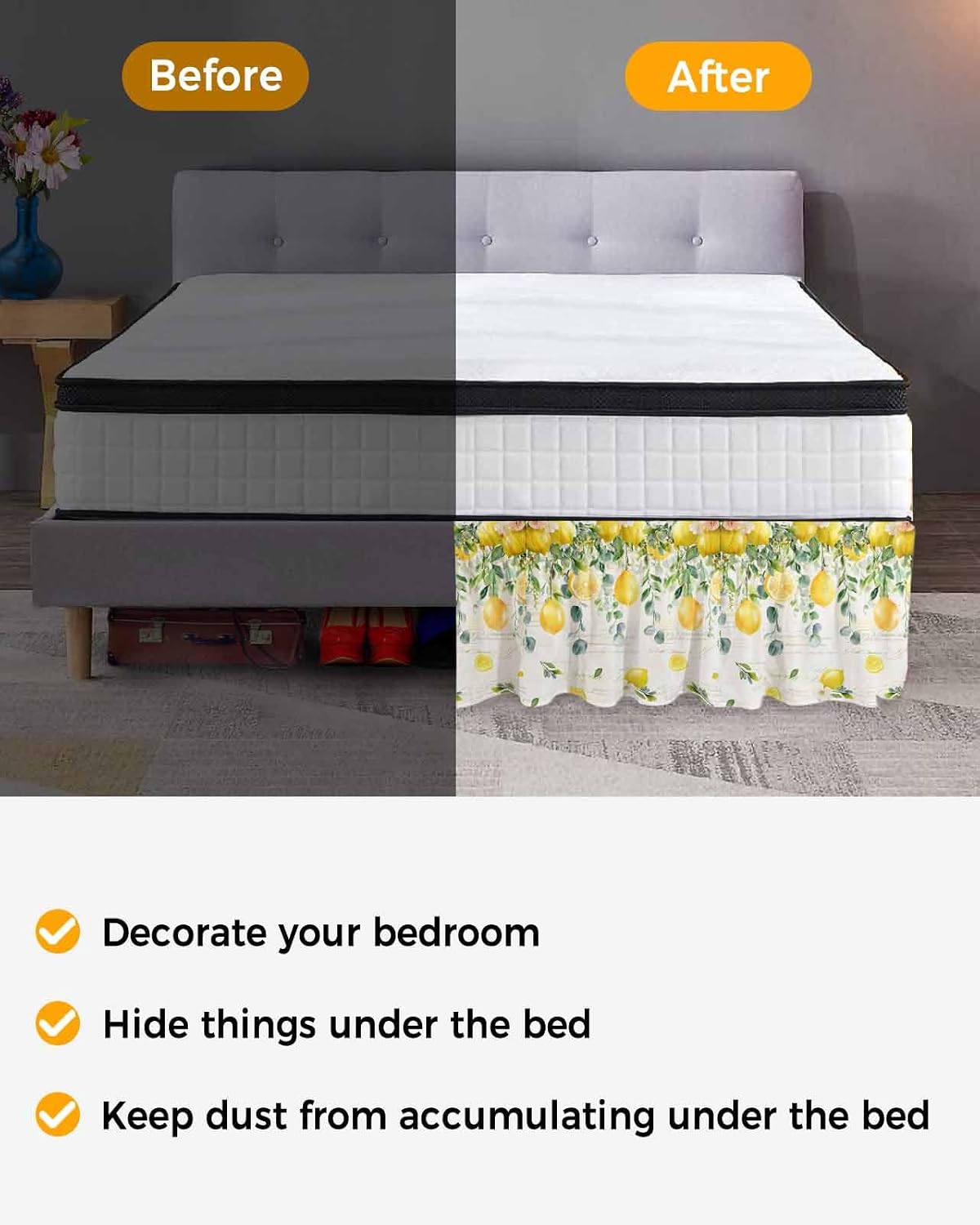 Watercolor Lemon Bed Skirt Queen Size 16 Inch Drop, Adjustable Elastic Wrap Around Bed Skirts Easy Fitting Dust Ruffle Bedskirt Bed Frame Cover Eucalyptus Leaf Fruit Yellow Flower