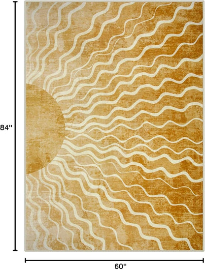 Sun 5x7 Area Rug, Boho Ombre Yellow Bedroom Rug Machine Washable Carpet, Ultra Thin Soft Non Slip Mid Century Nursery Carpet for Kids Room Living Room Playroom Classroom Decor