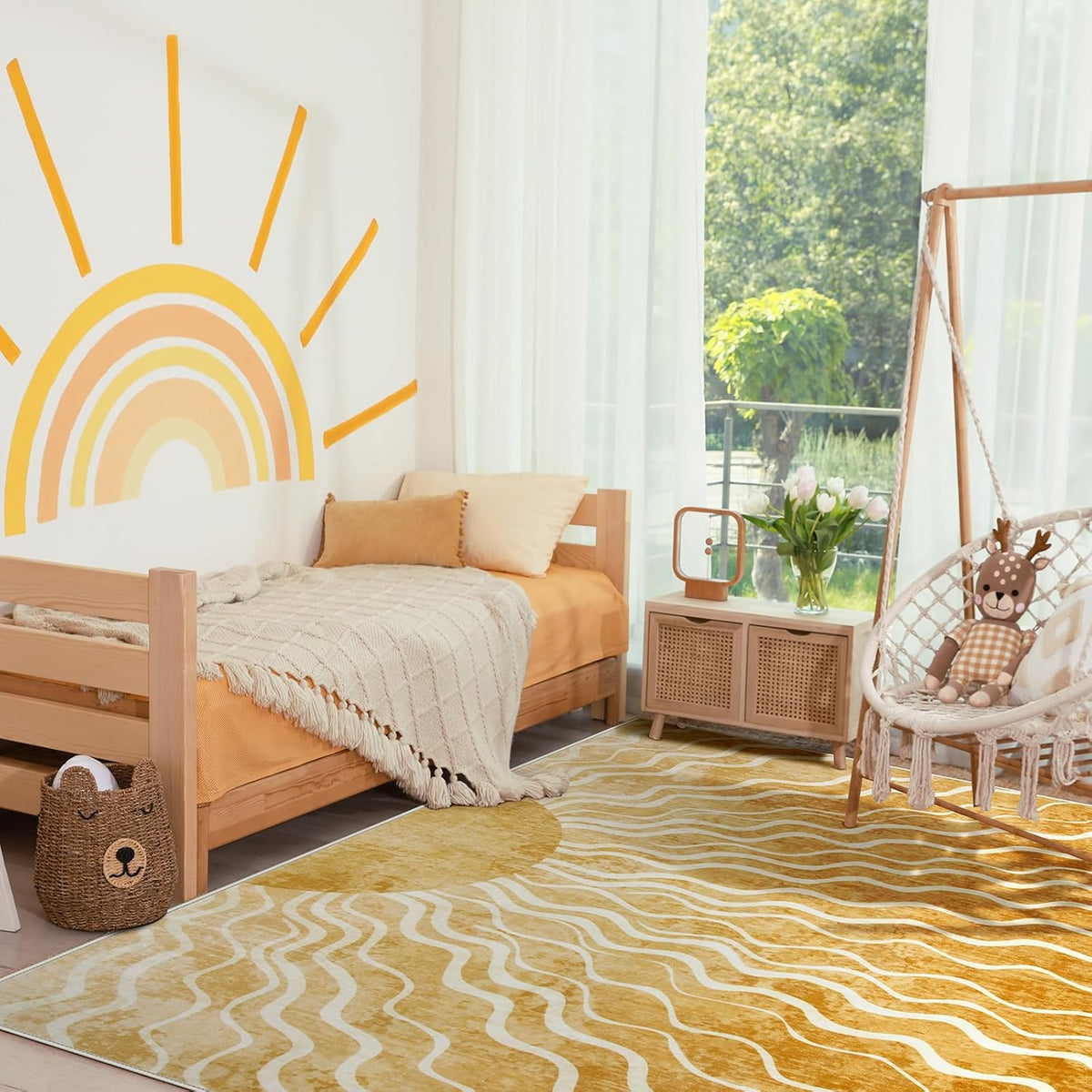 Sun 5x7 Area Rug, Boho Ombre Yellow Bedroom Rug Machine Washable Carpet, Ultra Thin Soft Non Slip Mid Century Nursery Carpet for Kids Room Living Room Playroom Classroom Decor