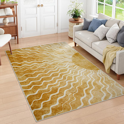 Sun 5x7 Area Rug, Boho Ombre Yellow Bedroom Rug Machine Washable Carpet, Ultra Thin Soft Non Slip Mid Century Nursery Carpet for Kids Room Living Room Playroom Classroom Decor