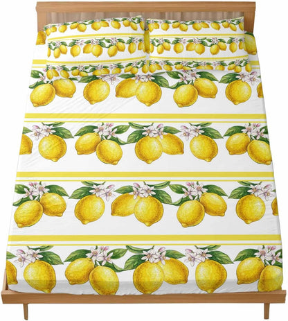 3 Pieces Twin Fitted Sheet Set, Summer Lemon Flower Leaf Deep Pocket Up to 16", Yellow Fruit Minimalist Stripe Soft Elastic Bed Sheets and Pillow Cases Secure Fit