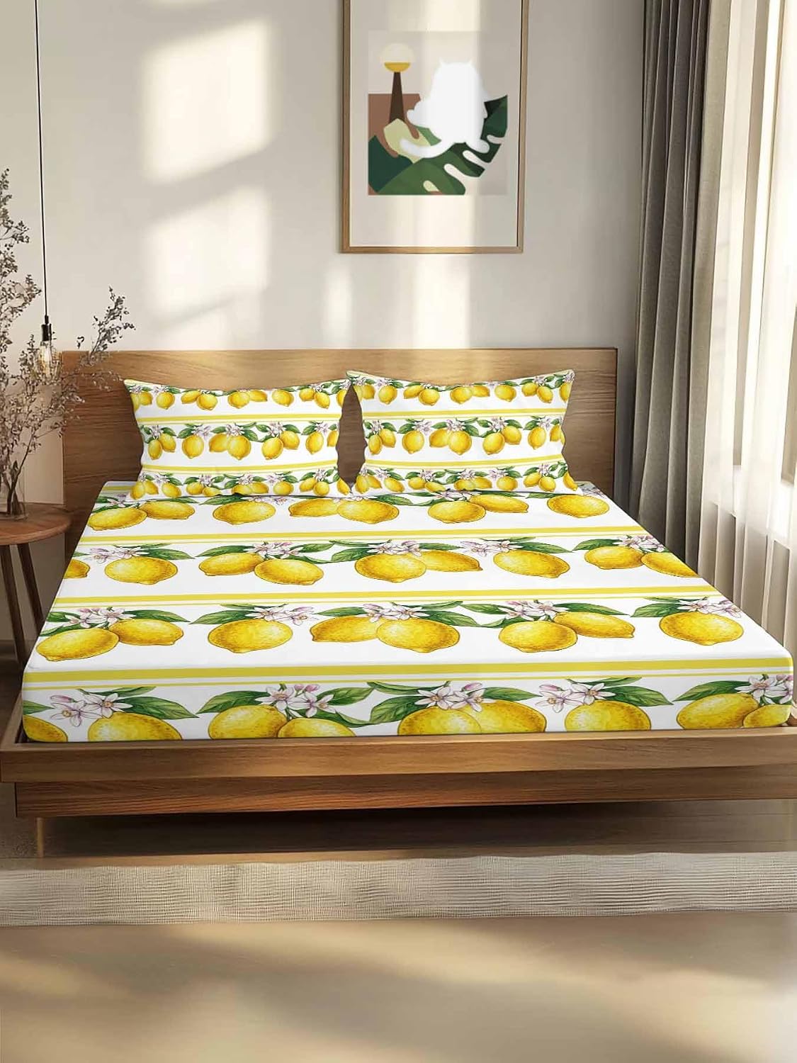 3 Pieces Twin Fitted Sheet Set, Summer Lemon Flower Leaf Deep Pocket Up to 16", Yellow Fruit Minimalist Stripe Soft Elastic Bed Sheets and Pillow Cases Secure Fit