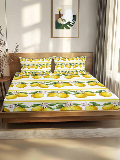 3 Pieces Twin Fitted Sheet Set, Summer Lemon Flower Leaf Deep Pocket Up to 16", Yellow Fruit Minimalist Stripe Soft Elastic Bed Sheets and Pillow Cases Secure Fit
