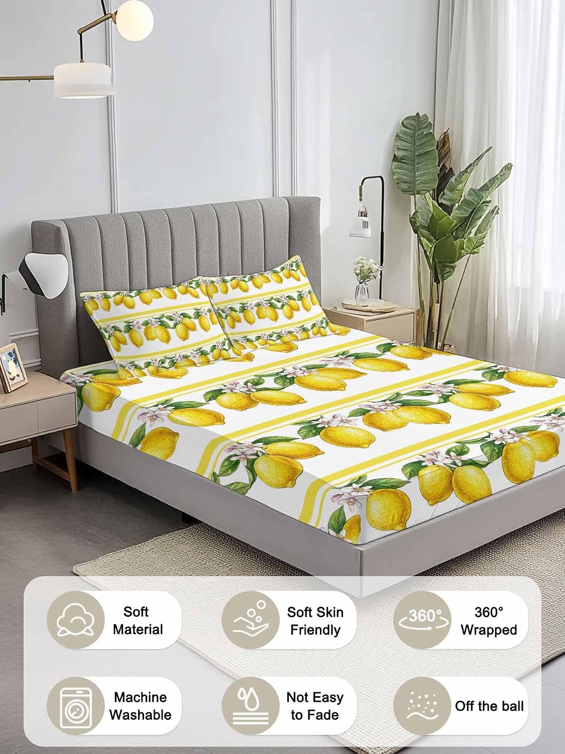 3 Pieces Twin Fitted Sheet Set, Summer Lemon Flower Leaf Deep Pocket Up to 16", Yellow Fruit Minimalist Stripe Soft Elastic Bed Sheets and Pillow Cases Secure Fit