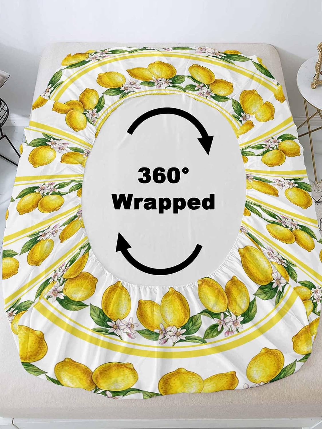 3 Pieces Twin Fitted Sheet Set, Summer Lemon Flower Leaf Deep Pocket Up to 16", Yellow Fruit Minimalist Stripe Soft Elastic Bed Sheets and Pillow Cases Secure Fit