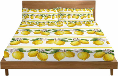 3 Pieces Twin Fitted Sheet Set, Summer Lemon Flower Leaf Deep Pocket Up to 16", Yellow Fruit Minimalist Stripe Soft Elastic Bed Sheets and Pillow Cases Secure Fit