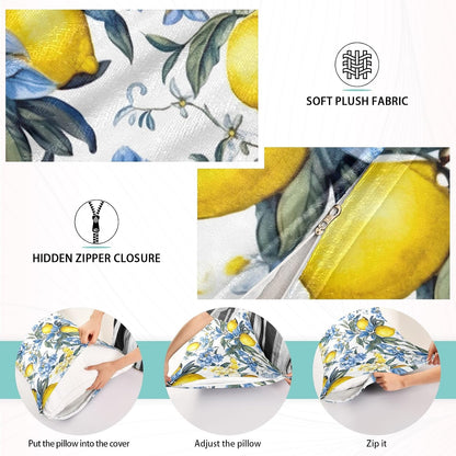 Pillowcases Standard Size, Yellow Lemons with Blue Flowers Pillowcase Protectors Soft Pillow Case with Zipper for Couch Bed Sofa Car 20"x26"