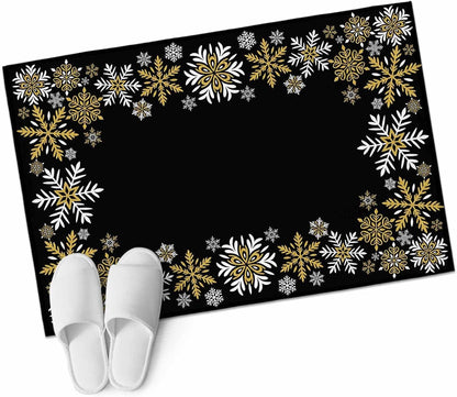 Retro Yellow Snowflake Washable Small Entryway Area Rugs 2'x3', Winter Christmas Black Background Low Pile Throw Rug Non-Slip Sturdy Edge Binding Carpet for Front Door Floor Room Entry