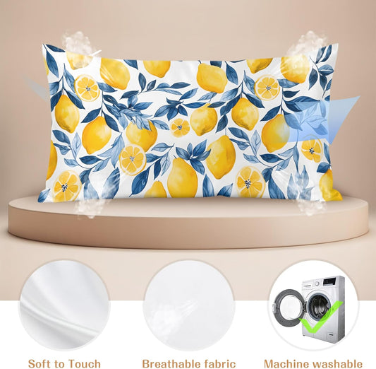 Watercolor Lemon King Pillow Cases, Blue Yellow Branch Satin Pillow Case Cover with Smooth Hidden Zipper Closure, Soft Throw Pillow Covers Cases for Home Decoration 20 X 40 Inches