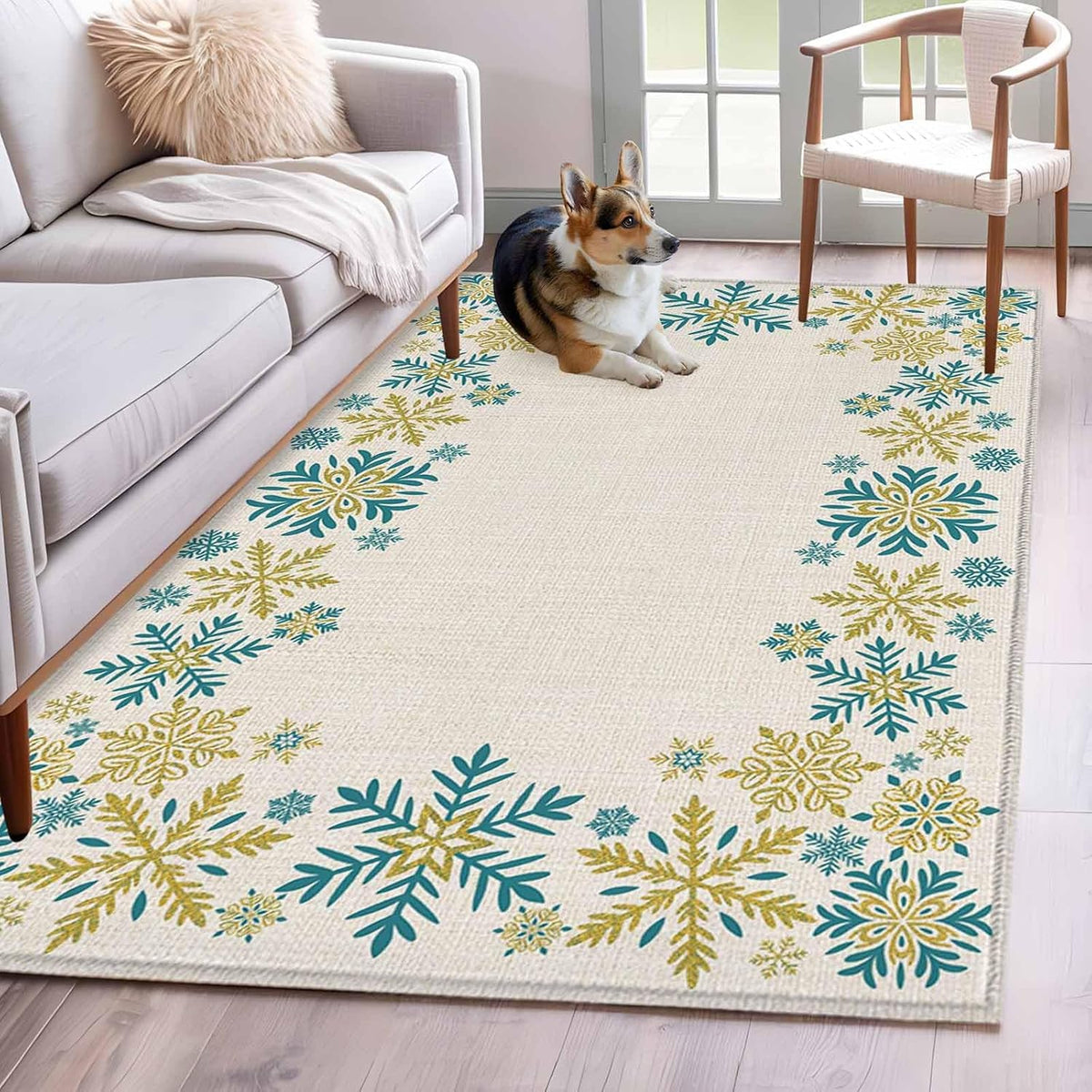 Retro Yellow Snowflake 4x6 Area Rugs for Living Room, Winter Christmas Abstract Art Non Slip Floor Mat Washable Low-Profile Indoor Carpet for Bedroom, Dining Room, Bathroom
